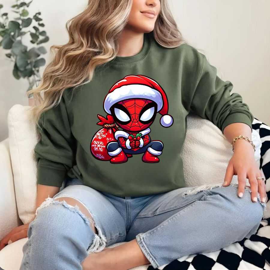 Festive Chibi Spider-Man Holding Christmas Gift Bag Sweatshirt